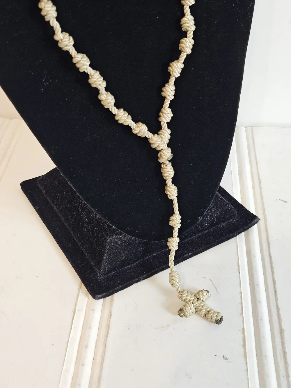 Handmade Knotted Rope Necklace with Cross Pendant - Beige